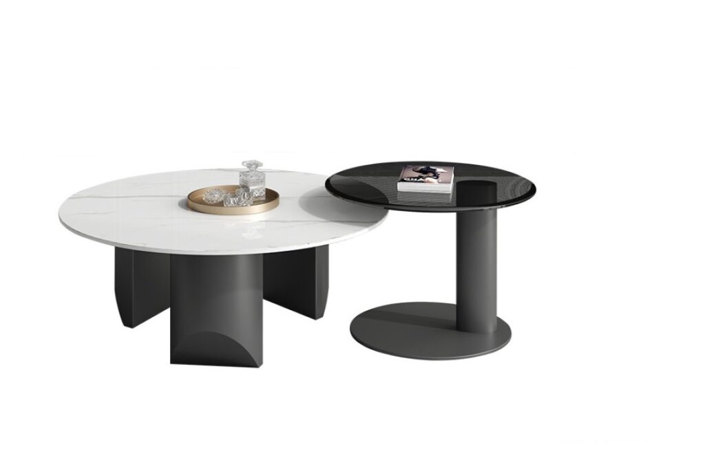 简约客厅亮光雪山白岩板+钢化玻璃极简组合圆茶几