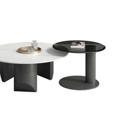 简约客厅亮光雪山白岩板+钢化玻璃极简组合圆茶几