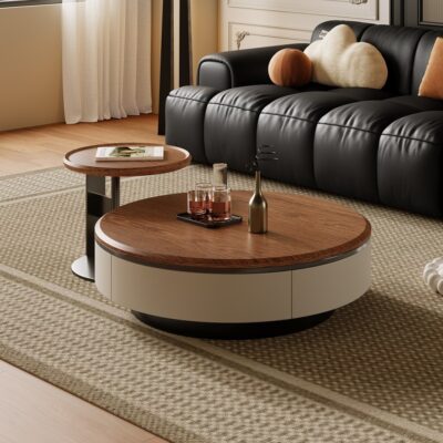 极简风家用圆茶几 时尚简约客厅胡桃木纹组合茶几
