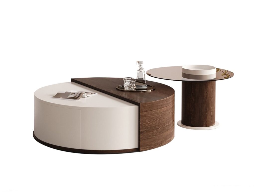 极简风储物茶玻旋转组合茶几 时尚家用客厅胡桃木纹+烤漆圆茶几