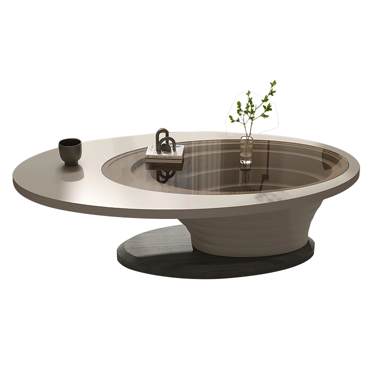 极简风家用实木底板茶几 客厅8mm茶色钢化玻璃椭圆形茶几