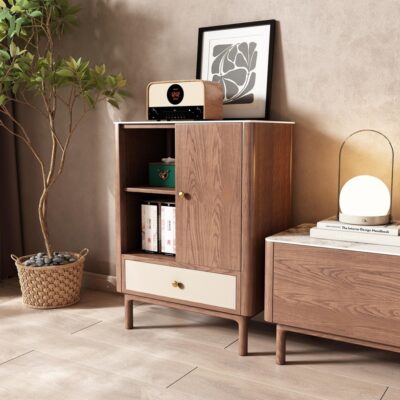 北欧风格白蜡木边柜 客厅简约带抽储物岩板台面边柜