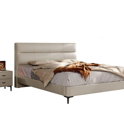 意式极简风主卧次卧双人软包床 高档进口黄牛皮齐边齐尾床