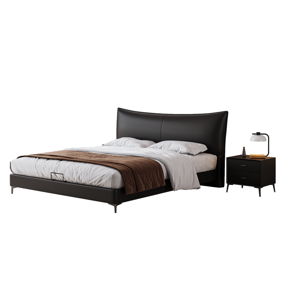 简约大气舒适软包荔枝纹头层牛皮床极简卧室双人齐边床