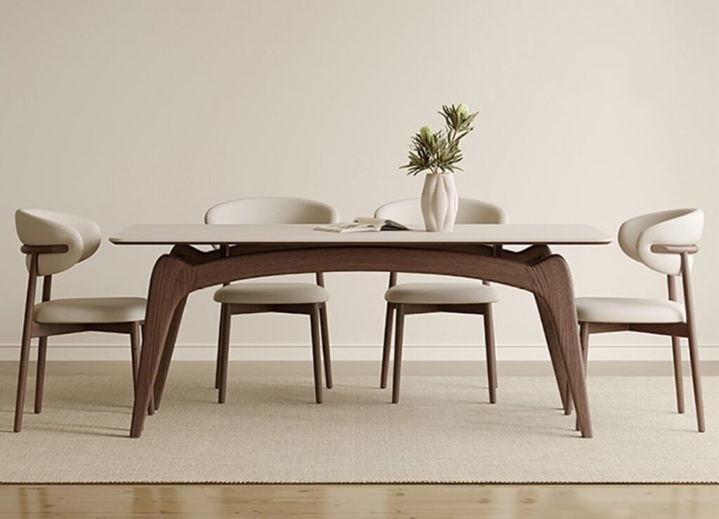 中古风系列 哑光岩板餐台家用餐厅实木脚长方形餐桌