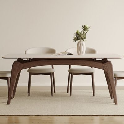 中古风系列 哑光岩板餐台家用餐厅实木脚长方形餐桌