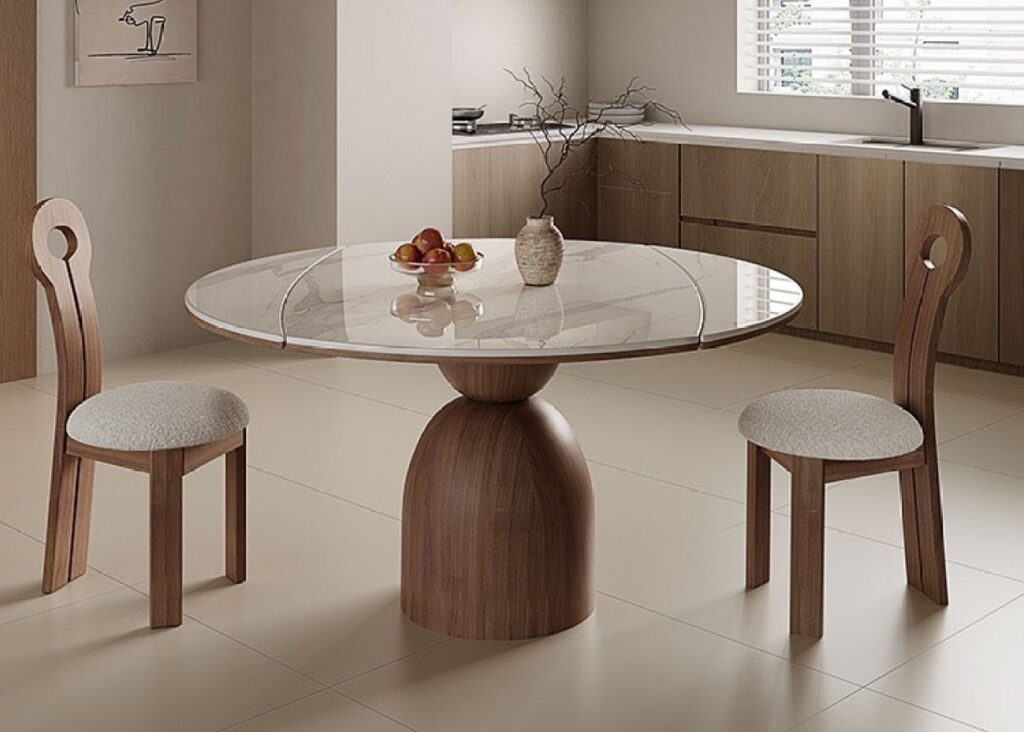 中古风家用小户型家用餐厅伸缩功能餐桌简约亮光鱼肚白岩板圆桌