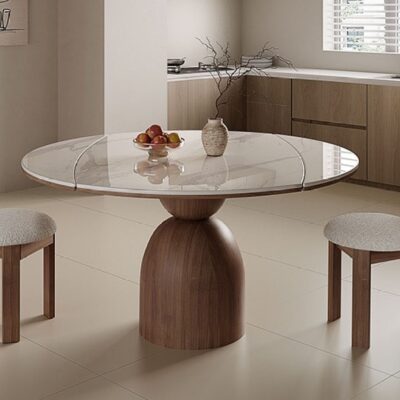 中古风家用小户型家用餐厅伸缩功能餐桌简约亮光鱼肚白岩板圆桌