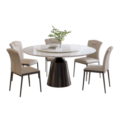 意式极简风家用带转盘圆餐台29mm天然米兰白玉奢石台面餐桌