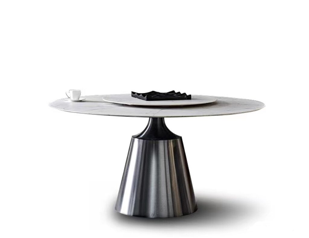 意式极简风格 12mm亮光香奈儿岩板圆桌家用简约圆形带转盘餐台