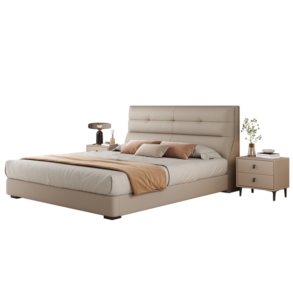 意式极简风齐边齐尾床 简约家用卧室荔枝纹头层牛皮双人床