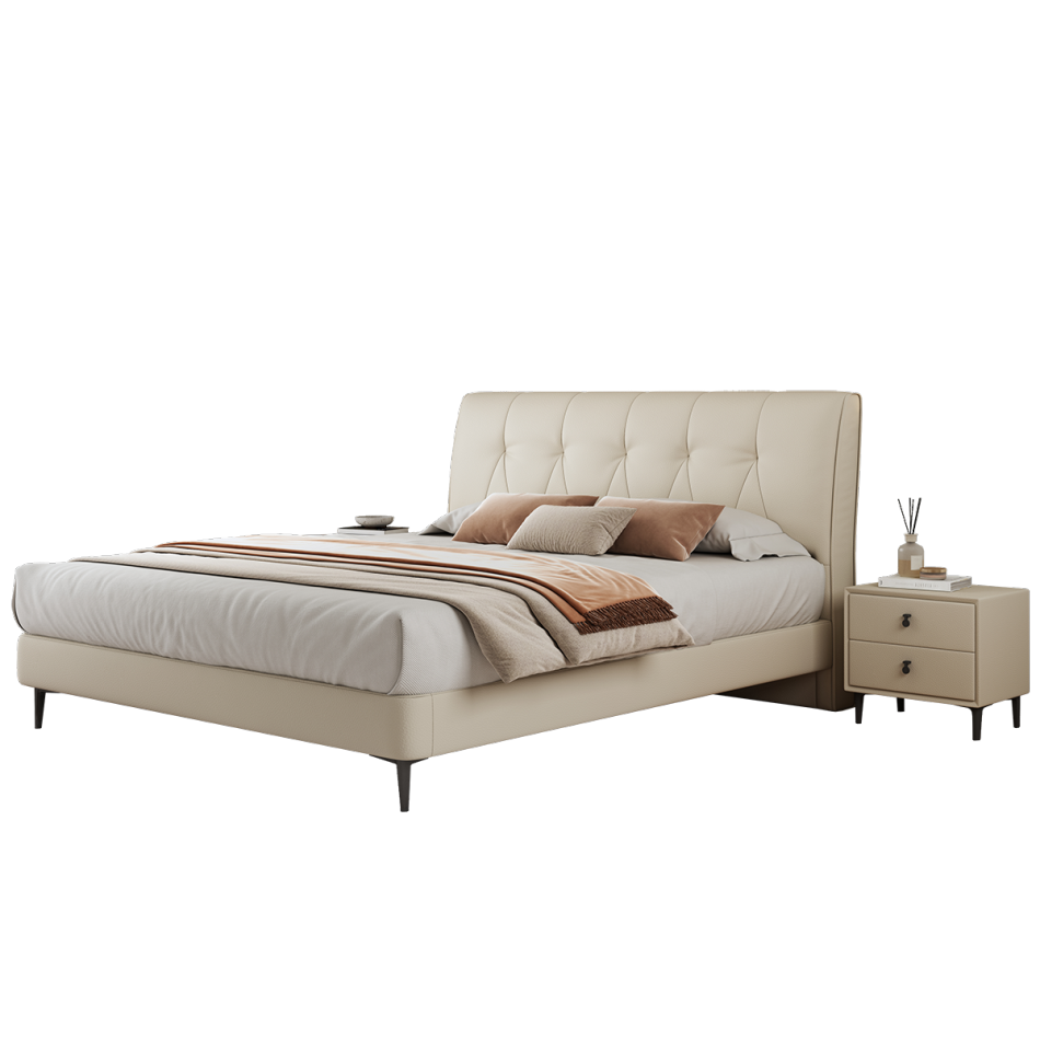 意式极简风头层牛皮双人床 简约家用卧室荔枝纹齐边齐尾床