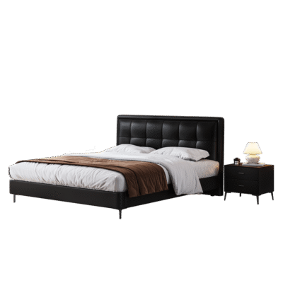 意式极简风格卧室荔枝纹头层黄牛皮软床双人床齐边齐尾床