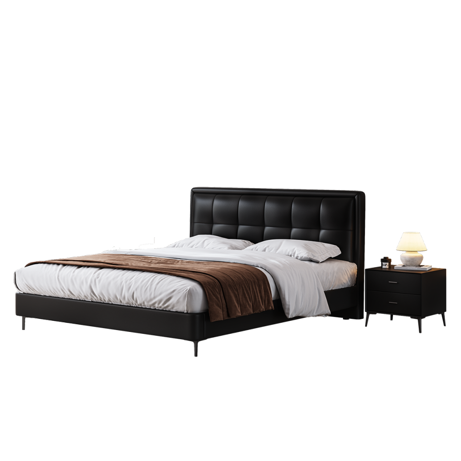 意式极简风格卧室荔枝纹头层黄牛皮软床双人床齐边齐尾床