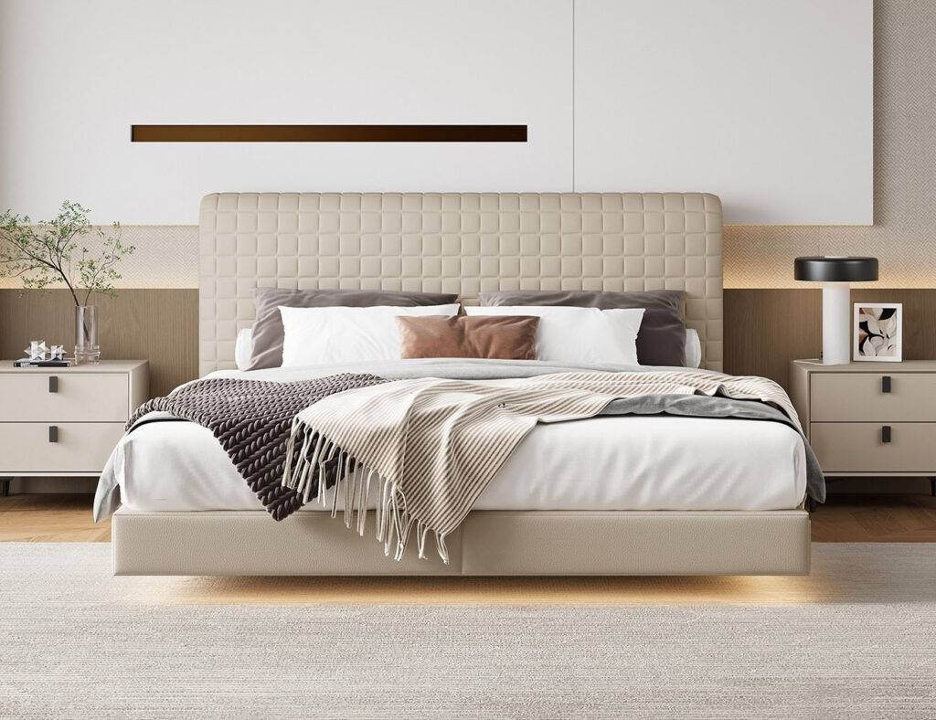 设计师款 小方格床 极简风全生态真皮悬浮齐边床