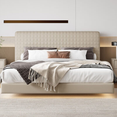 设计师款 小方格床 极简风全生态真皮悬浮齐边床