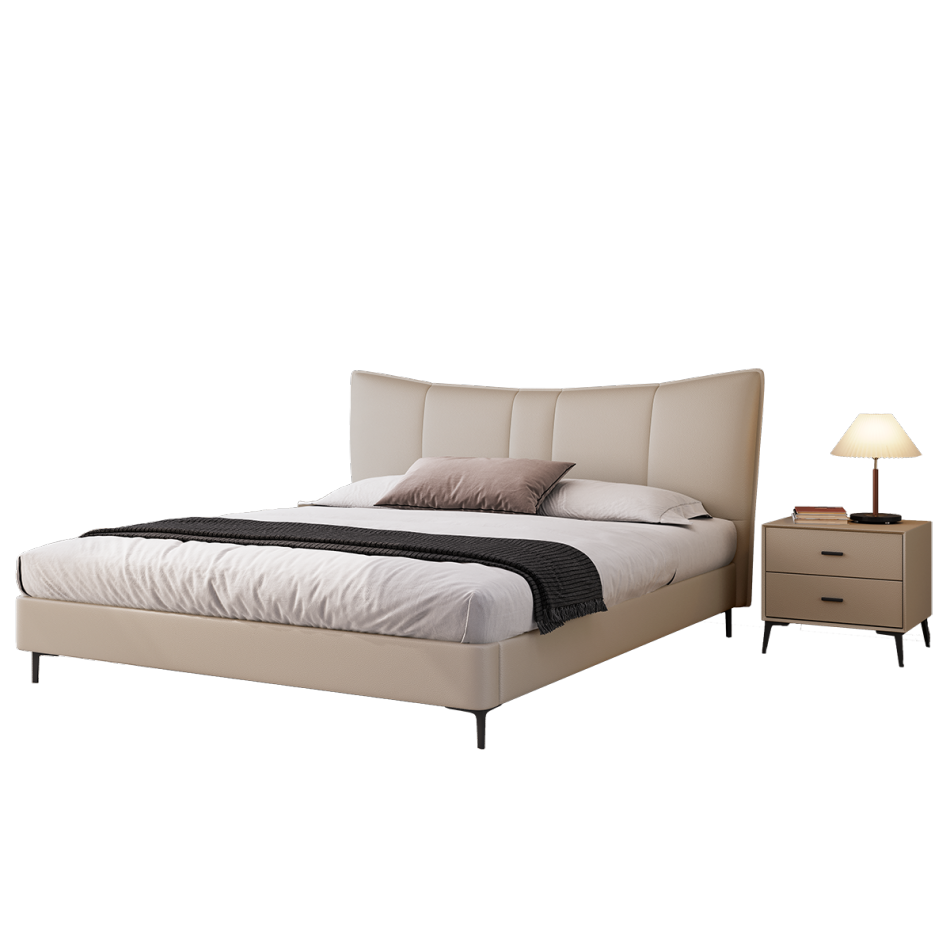 意式极简风卧室软包生态真皮床简约卧室齐边双人床