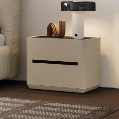 极简风卧室玻璃面置物床头柜实木双抽储物柜扪皮工艺床头柜(st1 02)