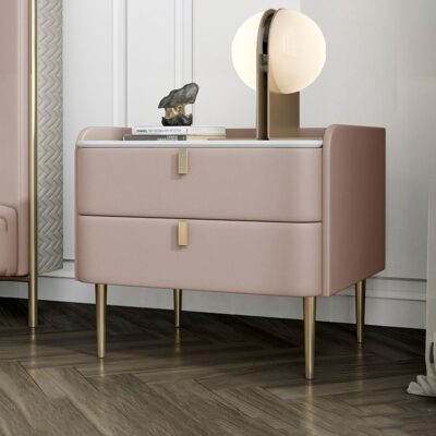 卧室高档岩板台面置物柜扪皮工艺全实木轻奢床头柜(玲珑玉16)