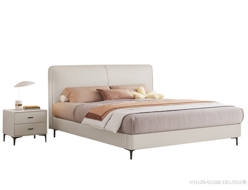 极简卧室生态真皮双人床 意式简约高脚齐边齐尾软包床