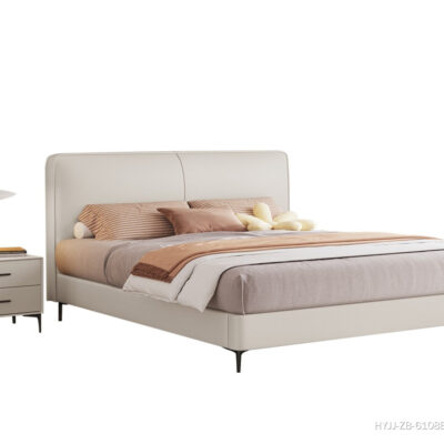 极简卧室生态真皮双人床 意式简约高脚齐边齐尾软包床