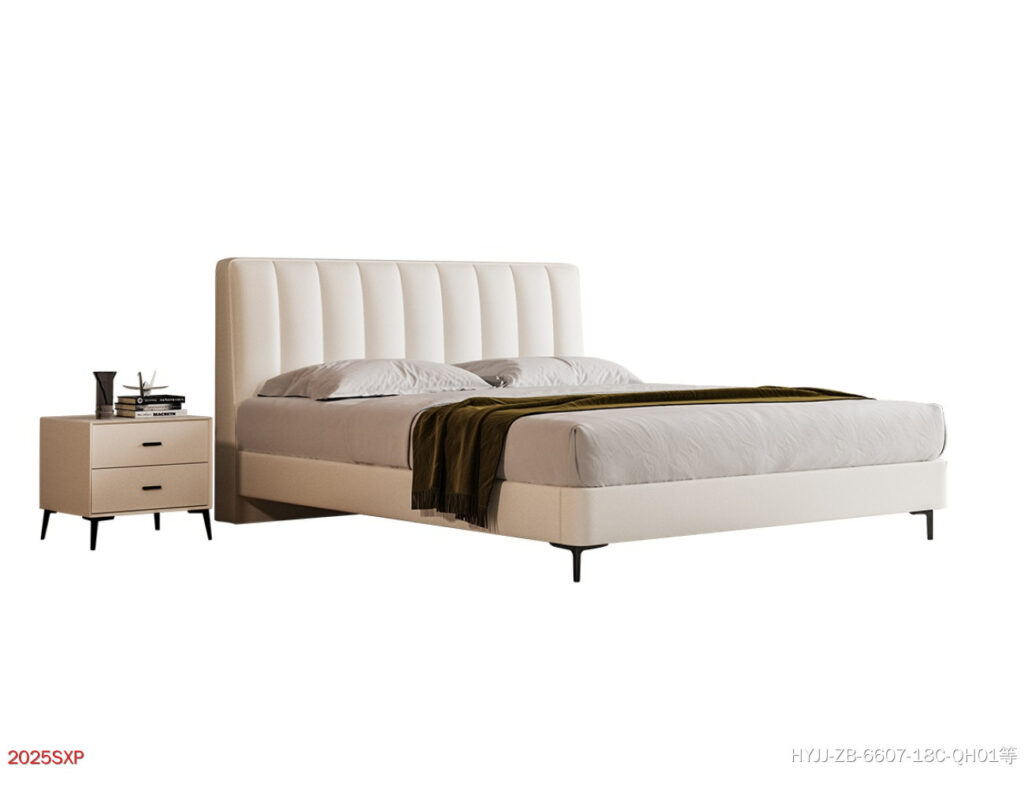 极简风卧室头层牛皮荔枝纹软包床双人床齐边齐尾床