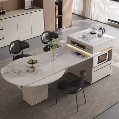 极简家用亮光香奈儿岩板桌面伸缩餐台一体岛台