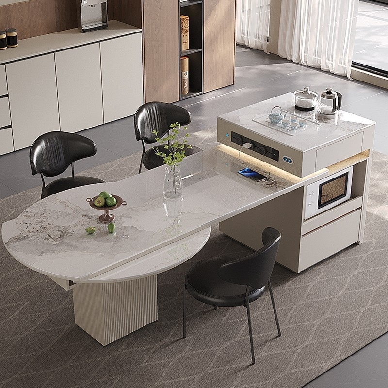 极简家用亮光香奈儿岩板桌面伸缩餐台一体岛台