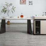 极简风别墅餐厅大户型餐桌12mm亮光香奈儿岩板多功能茶台岛台一体