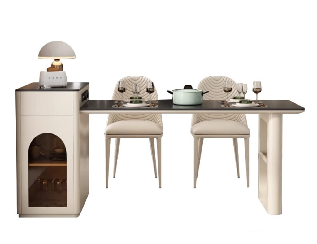 极简餐厅多功能餐桌客厅家用12mm哑光纯黑岩板台面带充电插头多用岛台