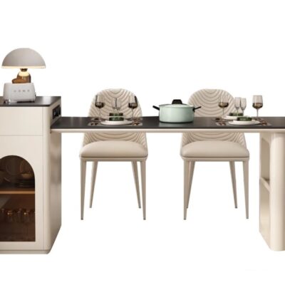 极简餐厅多功能餐桌客厅家用12mm哑光纯黑岩板台面带充电插头多用岛台