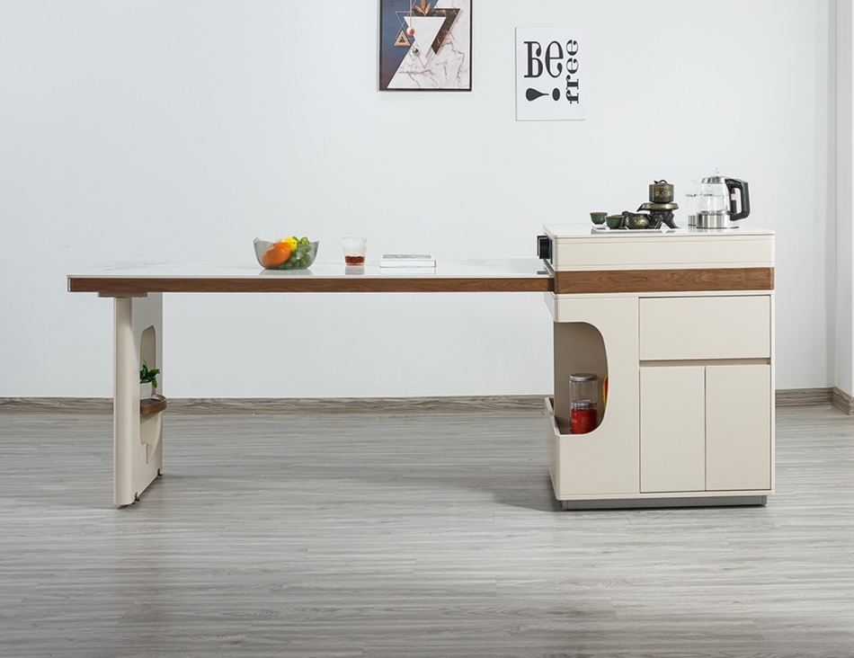 简约家用餐厅可伸缩岛台极简风多功能带茶盘隐藏电磁炉一体岛台