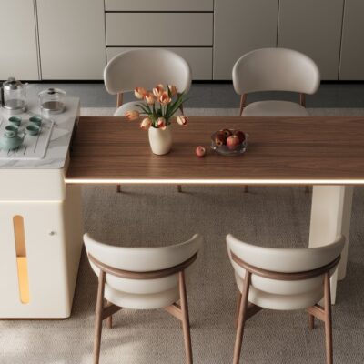 意式极简风家用餐厅可伸缩带茶台岛台氛围感灯带木面餐桌岛台