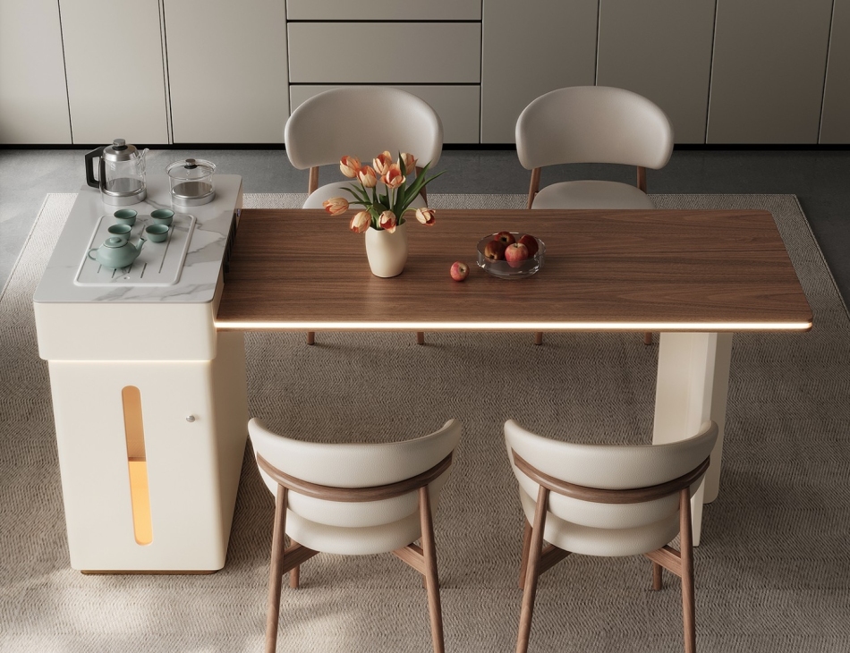 意式极简风家用餐厅可伸缩带茶台岛台氛围感灯带木面餐桌岛台