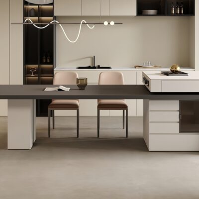 简约大气家用餐厅餐桌意式极简5cm吊边岩板桌面可伸缩带充电一体岛台