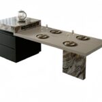 意式极简风家用5cm吊边哑光咖色岩板台面餐桌带充电收纳柜一体岛台