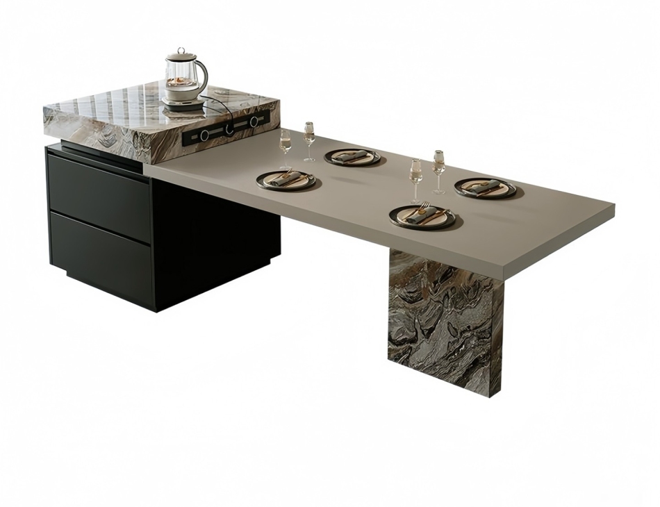 意式极简风家用5cm吊边哑光咖色岩板台面餐桌带充电收纳柜一体岛台