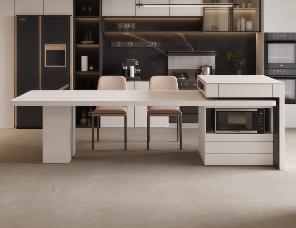 意式极简风家用餐厅5cm吊边岩板桌面可伸缩带排插一体岛台