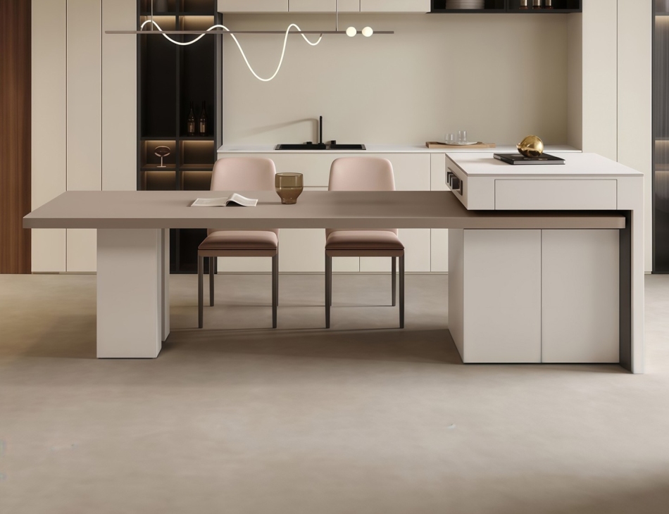 意式极简风家用餐厅5cm吊边岩板桌面可伸缩带排插一体岛台