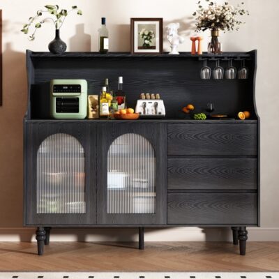 简约复古中古风家用客厅餐厅6mm哑光劳伦黑金岩板面餐边柜