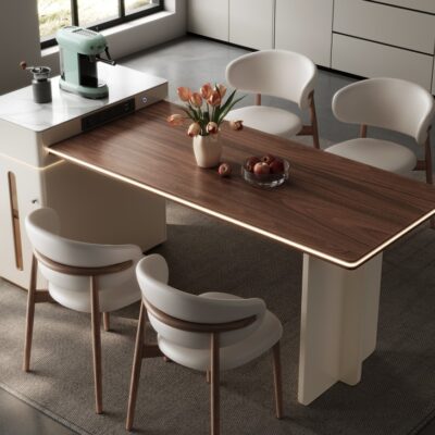 意式极简风家用餐厅可伸缩岛台氛围感灯带木面餐桌岛台
