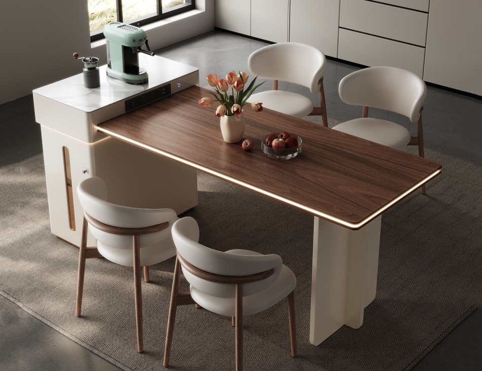 意式极简风家用餐厅可伸缩岛台氛围感灯带木面餐桌岛台