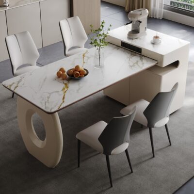 简约大气家用餐厅可伸缩岛台意式极简12mm亮光卡拉金岩板面餐桌岛台