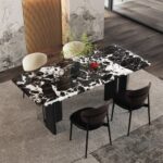 极简风家用镜面不锈钢白蜡木皮底架+人造大理石台面餐桌