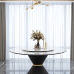 港式轻奢圆型人造大理石餐桌 不锈钢底架带转盘餐台(中花白)