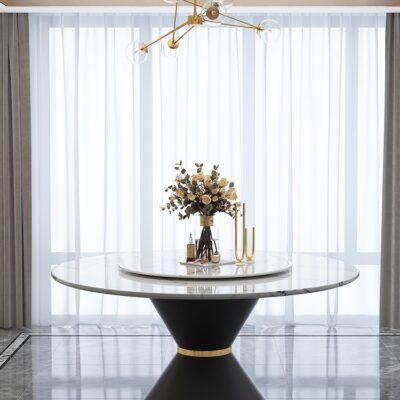 港式轻奢圆型人造大理石餐桌 不锈钢底架带转盘餐台(中花白)