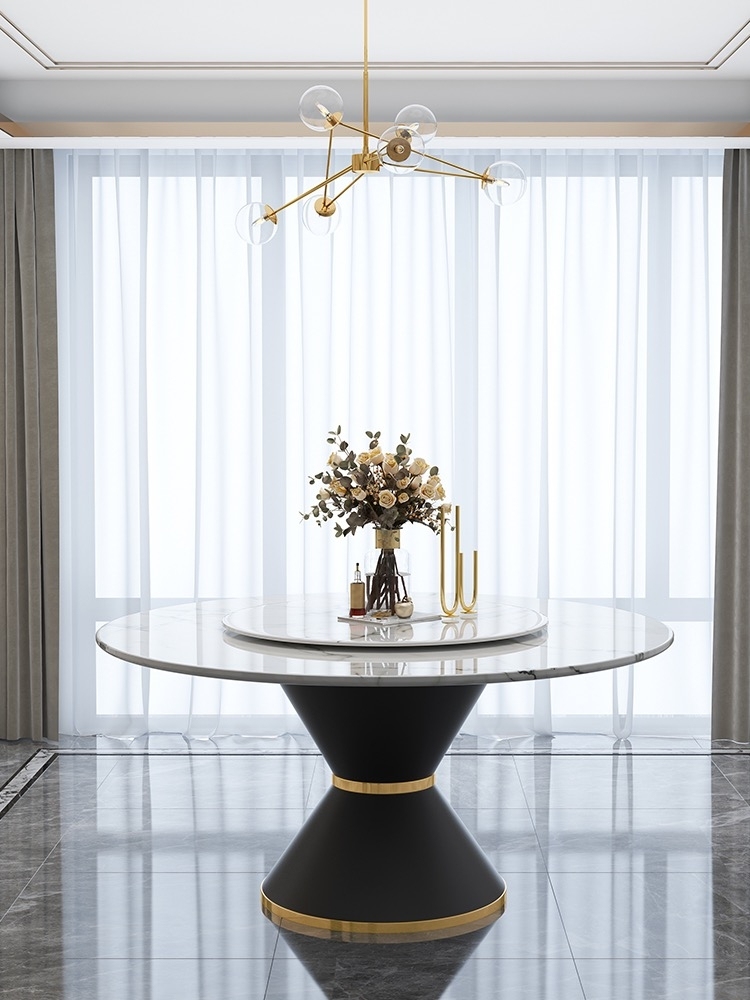 港式轻奢圆型人造大理石餐桌 不锈钢底架带转盘餐台(中花白) 港式轻奢圆型人造大理石餐桌 不锈钢底架带转盘餐台(中花白)