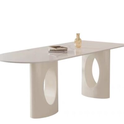 奶油风个性雪山白亮光岩板圆弧形家用简约长餐台