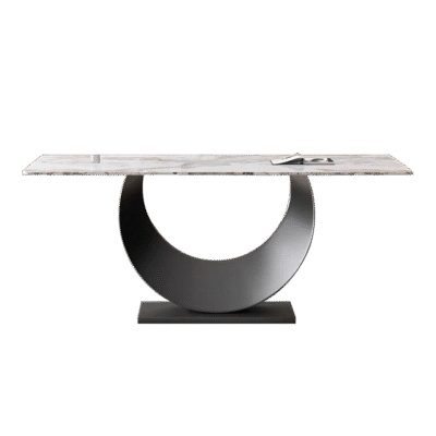 极简餐厅简约潘多拉亮光岩板不锈钢灰钛五金底架餐桌