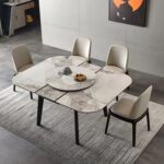 极简小户型家用香奈儿亮光岩板餐厅带转盘伸缩餐桌